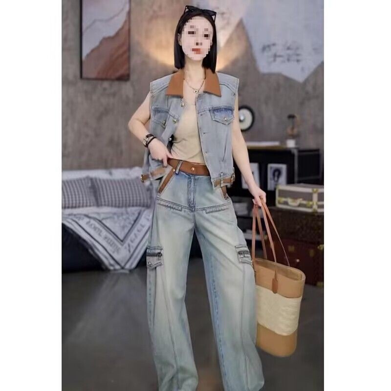 Autumn Matchinging Denim Suit for Women, Sleeveless Waistcoat, Casual Vest, Slimming Look Retro Jeans Two-Piece Set