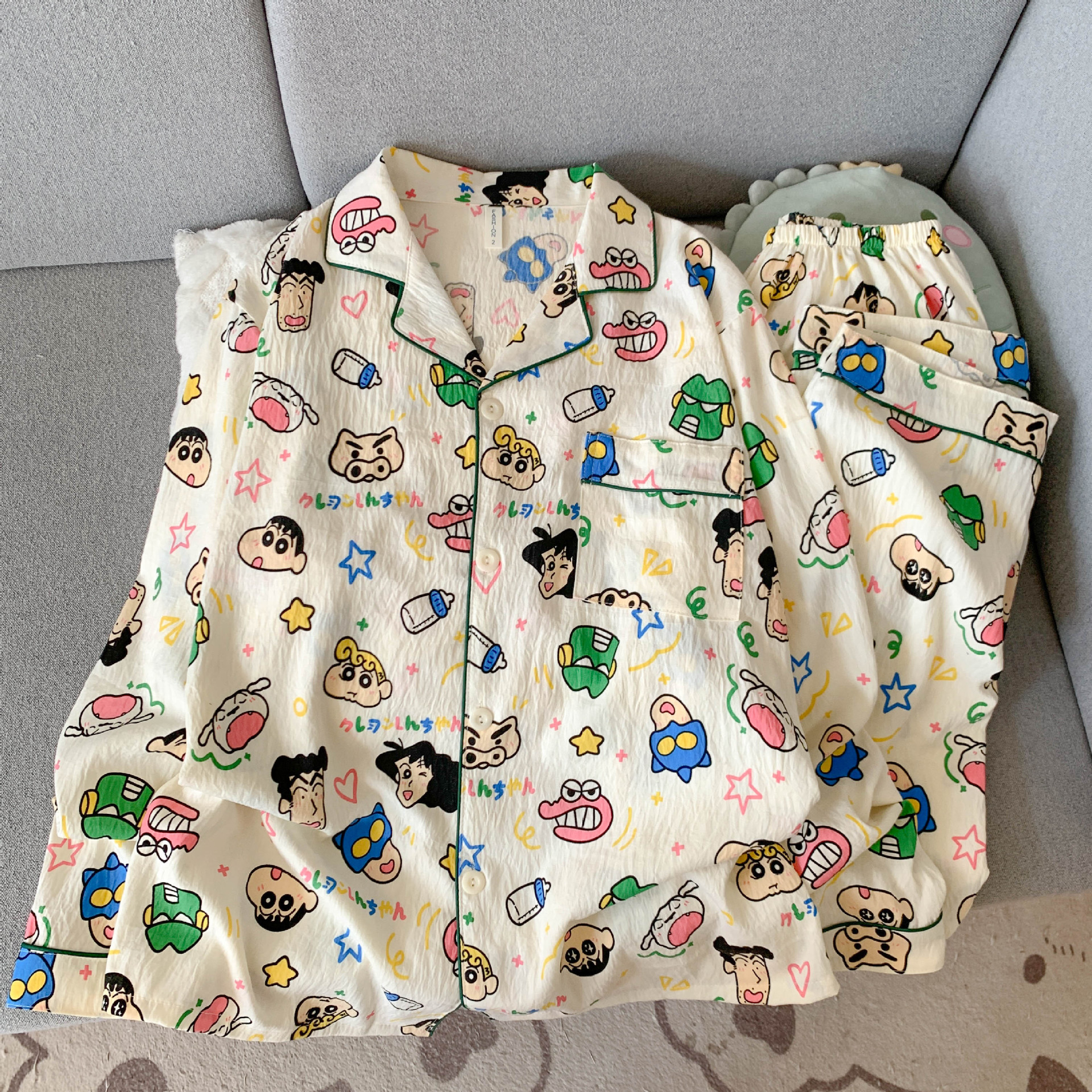 Spring and Autumn Couple Pajamas for Women and Men, Cloud Cotton Cardigan, Long-Sleeve Top and Long Pants, Japanese-Style Cartoon Loungewear, Live Broadcast Version