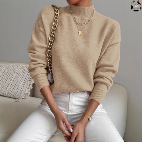 Autumn and winter semi-high collar pullover long-sleeved sweater women's fashionable solid color loose knitted top