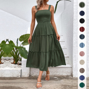 Amazon's Hot-Selling European and American Popular Cross-Border Casual Vacation Versatile Solid Color Suspender Square Collar Summer Waist Dress