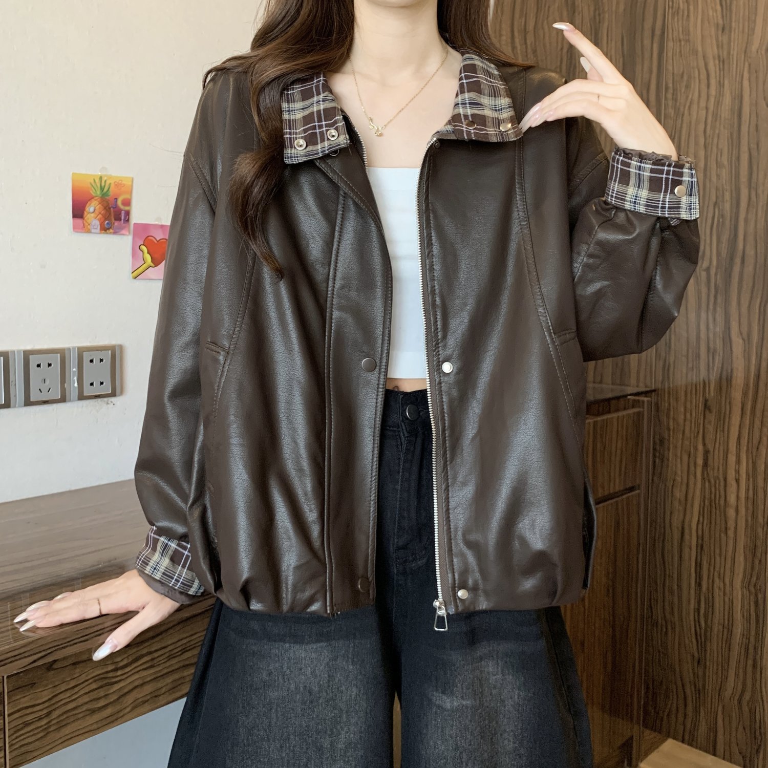 High-End Retro Plaid Splicing Leather Jacket for Women 2025 New Style Motorcycle Jacket Fashionable Jacket A8684