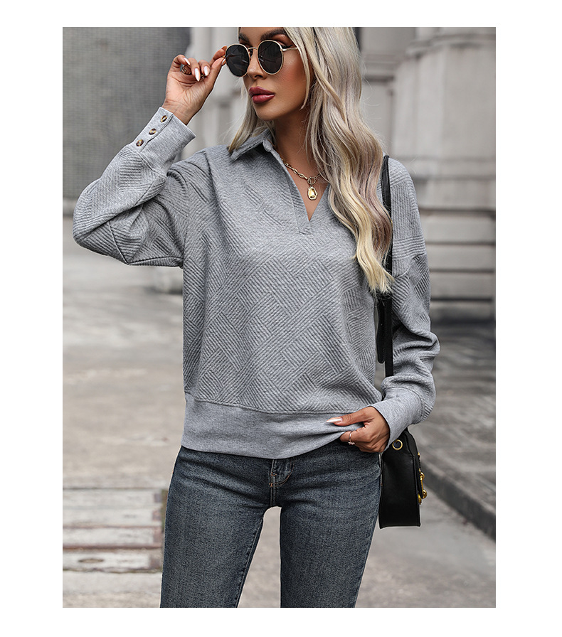 Sweat-shirt à revers d'automne pour femme, couleur unie, haut texturé, bouton décoré_voghion.com
