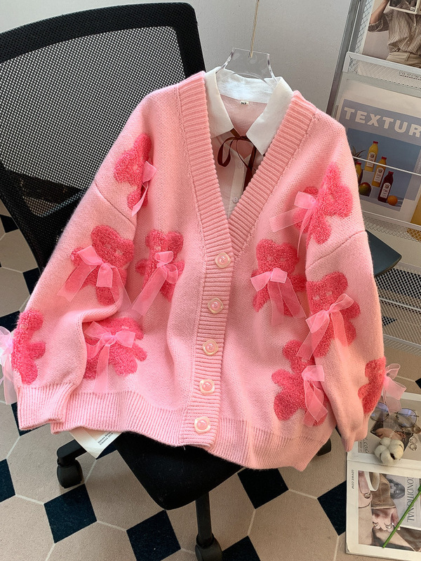 慵懒风超好看可爱小熊蝴蝶结V领开衫毛衣女秋冬2025新款针织外套|undefined