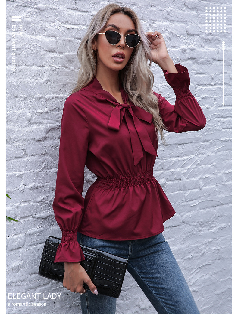 Solid Color Scarf Collar Slim Fit Elasticated Waist Speaker Long Sleeve Pullover Shirt - Blouses & Shirts - Uniqistic.com