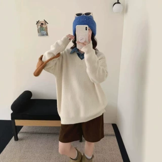 跨境慵懒风V领长袖针织衫女秋冬新款宽松大码休闲百搭套头毛衣女
