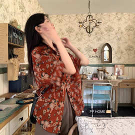 红色碎花港风复古印花衬衫女夏宽松短袖高级感小个子夏季薄款衬衣