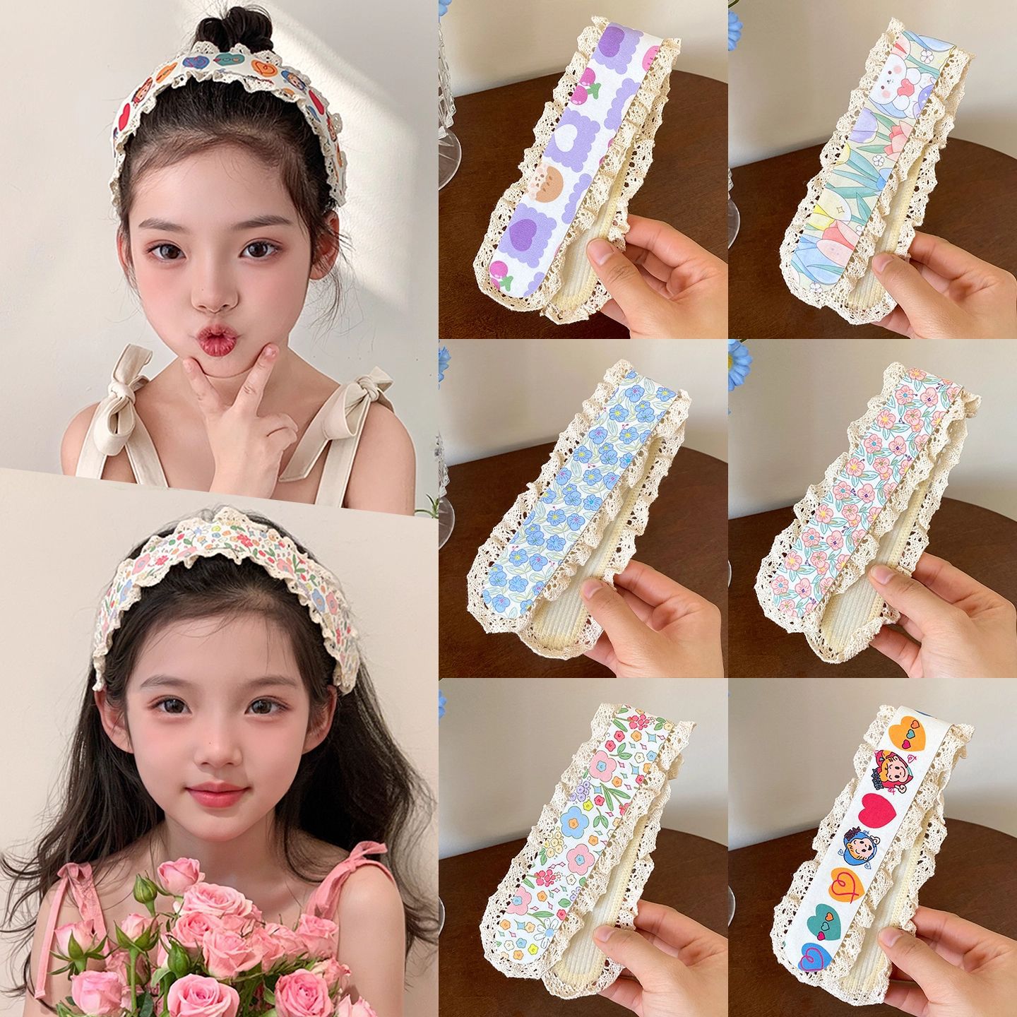 Diadema de velcro dulce para niños, linda chica, flequillo de cabello roto, horquilla, diadema de borde ancho de encaje de princesa, accesorios para el cabello