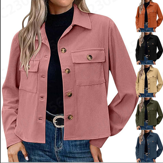 Amazon 2024 Explosions European and American Women's Fashion Casual Short Shirt Corduroy Button Navel Exposure Jacket Top