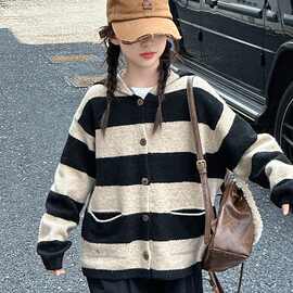 法国女童针织外套春秋2024新款女孩大童春秋洋气条纹毛衣开衫上衣