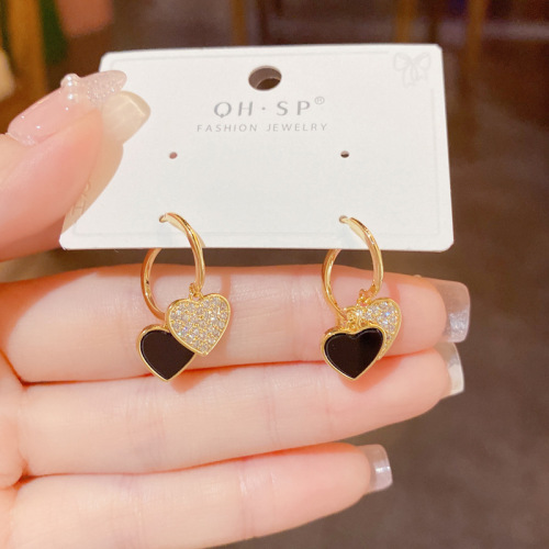 Japanese and Korean fashion light luxury exquisite micro-paved zircon peach heart front and back silver needle earrings high quality earrings wholesale
