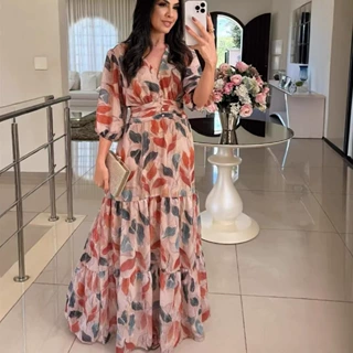 亚马逊外贸2026欧美女装夏季新款V领时尚优雅印花长款连衣裙女
