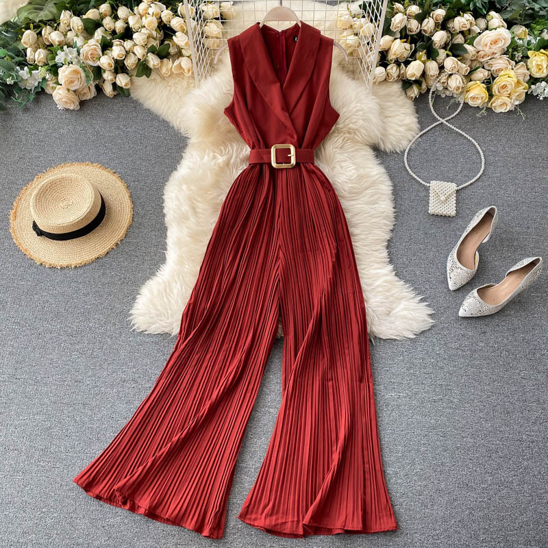 French retro waist slimming elegant professional OL suit collar jumpsuit fashion flared pants wide leg jumpsuit pants