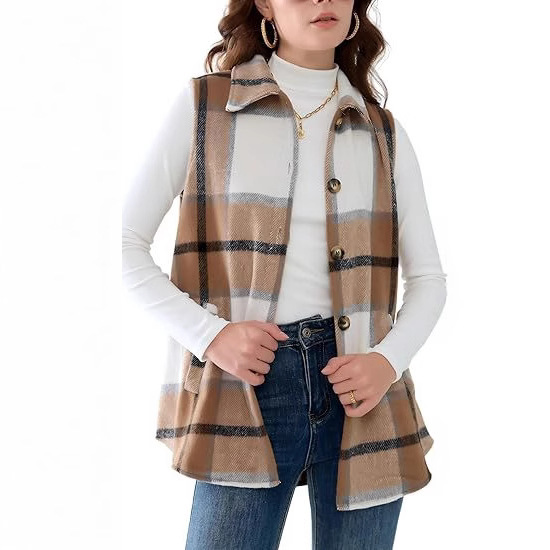 2025 European and American Amazon Women's Flannel Plaid Vest Sleeveless Button Shirt Jacket with Pockets