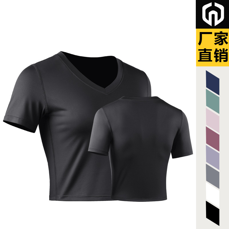 Ropa de entrenamiento de yoga traje deportivo Camiseta ajustada de manga corta para mujer Top casual con cuello en V Camiseta de manga corta ombligo expuesto