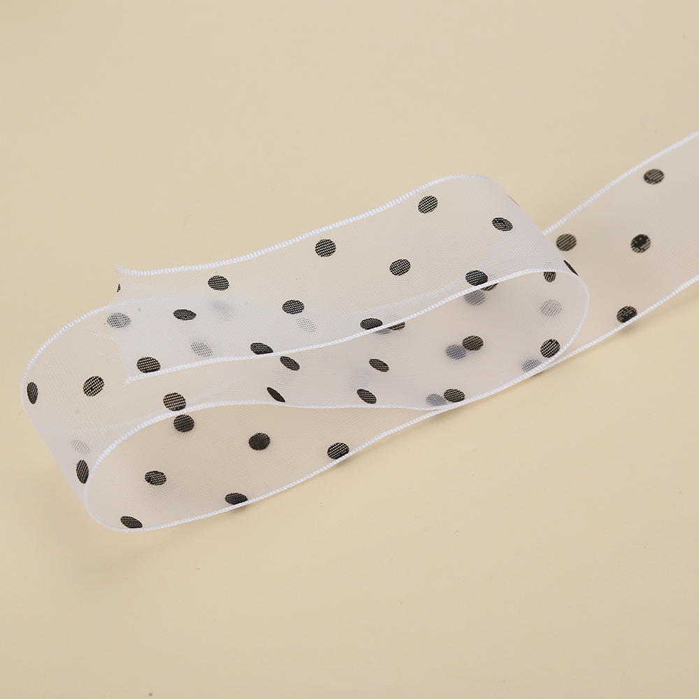 2,5 cm Polka Dot hilo transparente impresión cinta flores floral caja de regalo embalaje con puntos organza fábrica al por mayor