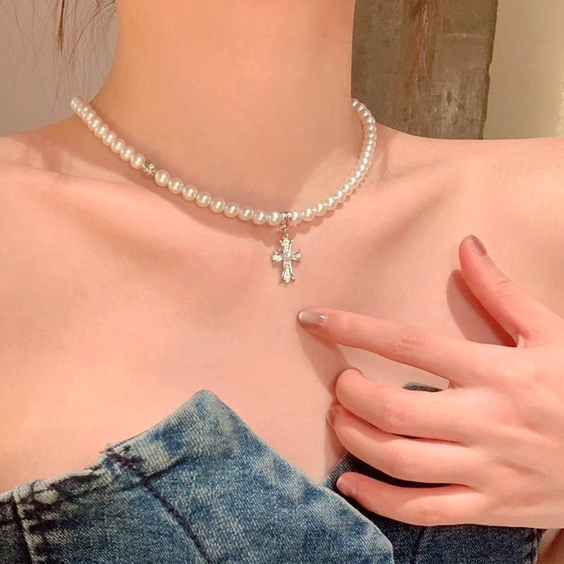 美式辣妹~珍珠十字架双层叠戴项链女高级感轻奢小众锁骨链颈链|undefined