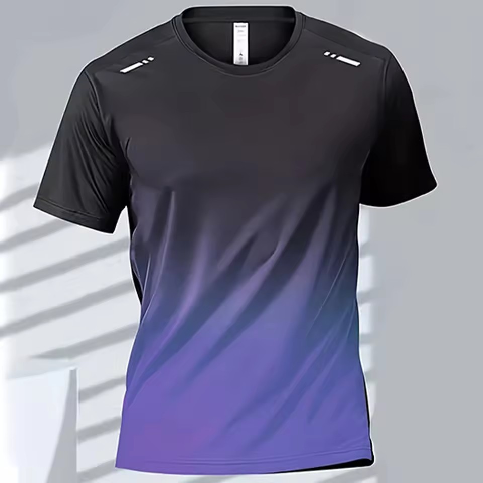 Trend gradiente 3D impresión digital para hombres deportes de verano malla suelta transpirable manga corta cuello redondo camiseta