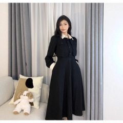 秋冬季裙子2025年新款黑色法式连衣裙女春秋装内搭假两件收腰长裙