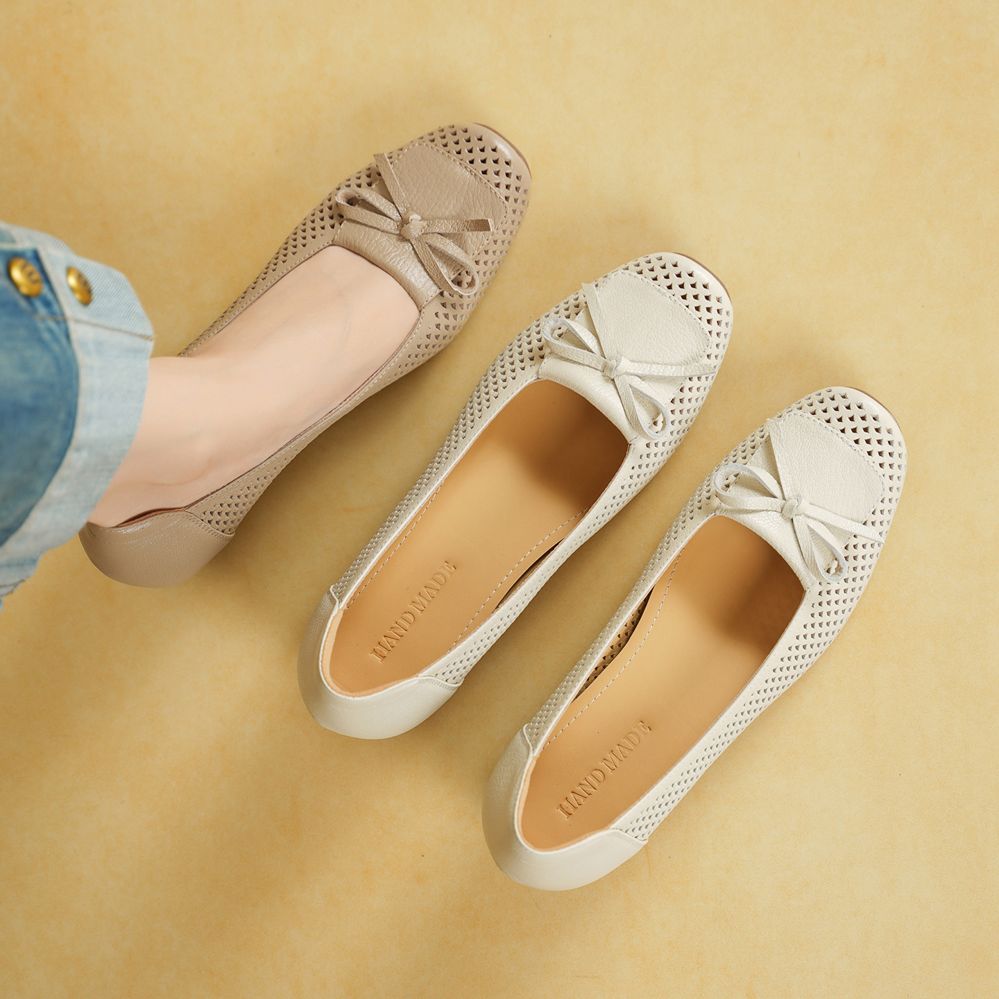 Giày cao gót nữ da cừu mũi nhọn gót vuông ổn định 3.5cm nơ bướm — màu trắng ngà