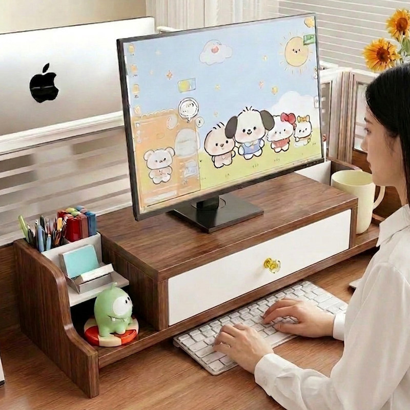 Wooden computer stand with drawers, desktop storage rack, file organizer, office desk display screen stand Wooden computer stand with drawers, desktop storage rack, file organizer, office desk display screen stand