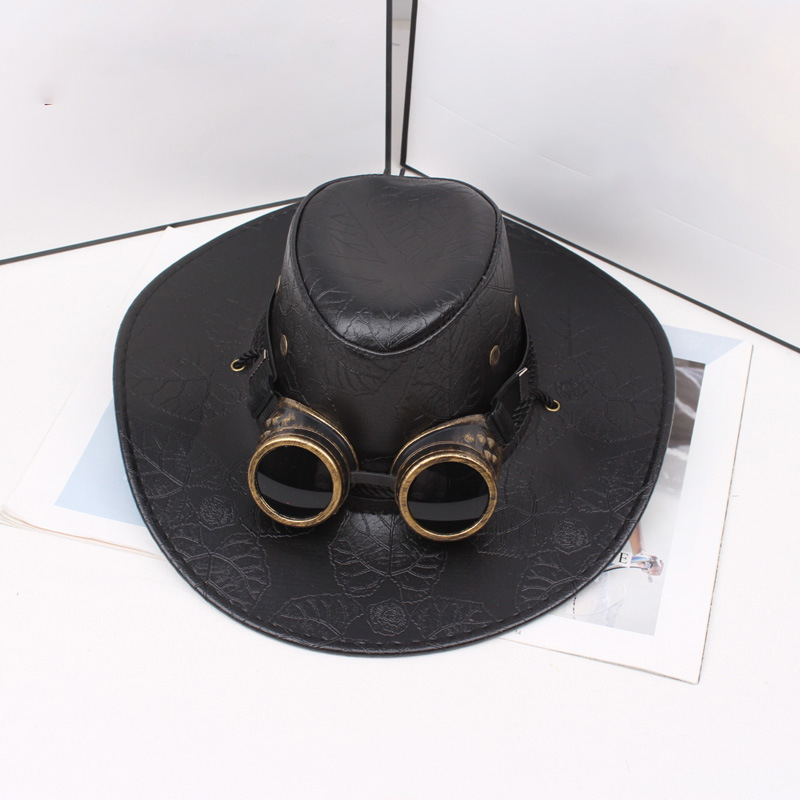 New mechanical punk style western cowboy hat children's leather big brim jazz hat trendy men's outdoor horse riding knight hat
