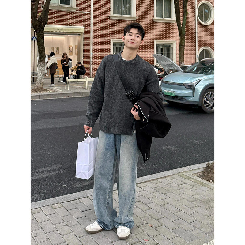 Dunkelgrauer Herren Rundhals Pullover Weicher Strickpullover_voghion.com