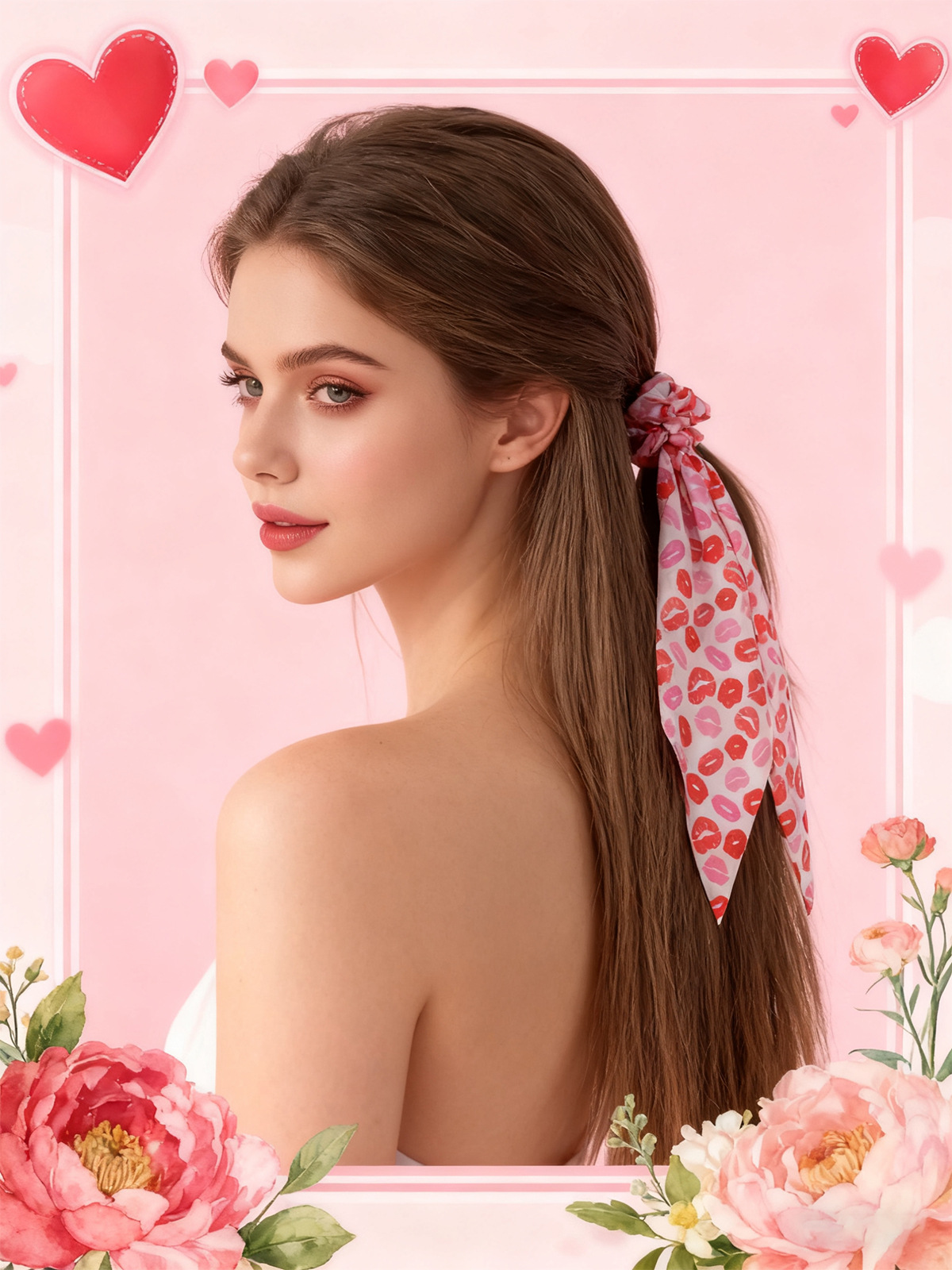 Women's Gender Valentine's Day Sweetheart Lip Print Elastic Hairband Ribbon Large Elastic Hairband For Ponytail Hair Accessories
