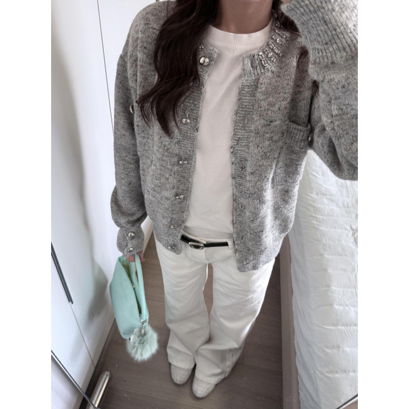 miu系穿搭毛衣外套女早秋镶钻设计感针织开衫慵懒风软糯灰色上衣|undefined