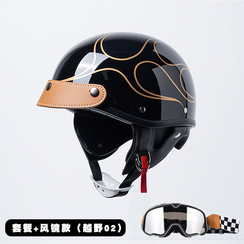Motosiklet kaskı (dəbilqə) — Motuoche Half Helmet - leather-brim-patterned-goggles-m