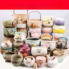多肉花盆陶瓷粗陶手绘手工花盆简约田园家用网红创意个性套装