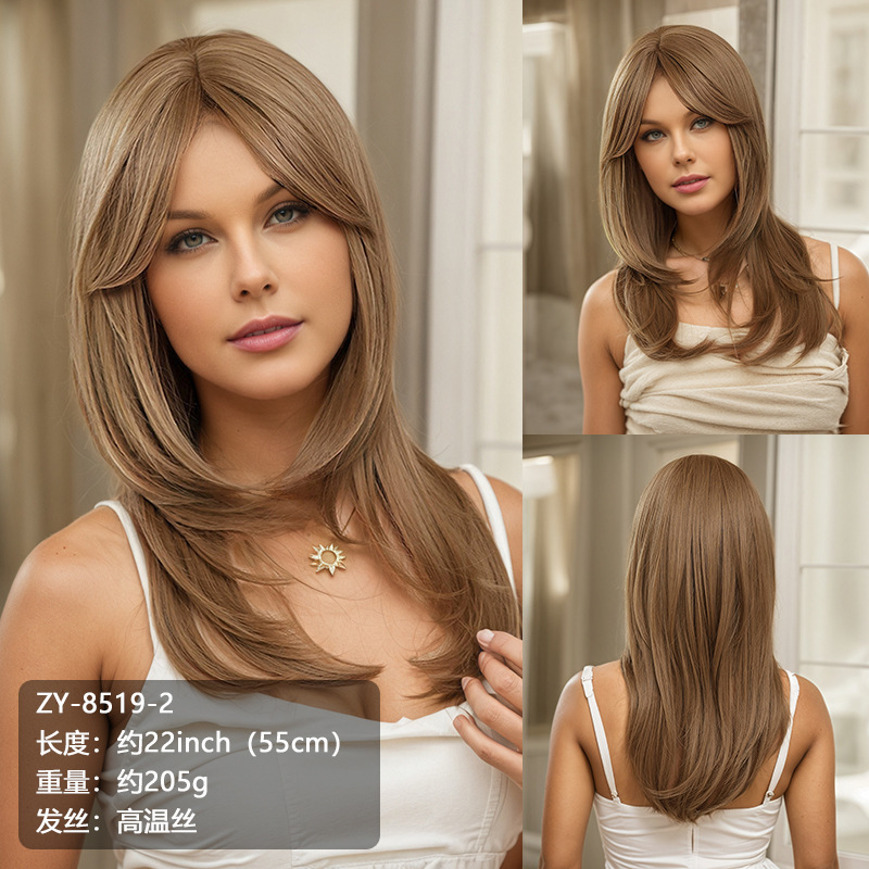 Nuevas pelucas de comercio exterior transfronterizas para mujeres, fibra de cabello europeo y americano, seda de alta temperatura, cabello medio y largo, fábrica de sombreros de pelucas al por mayor