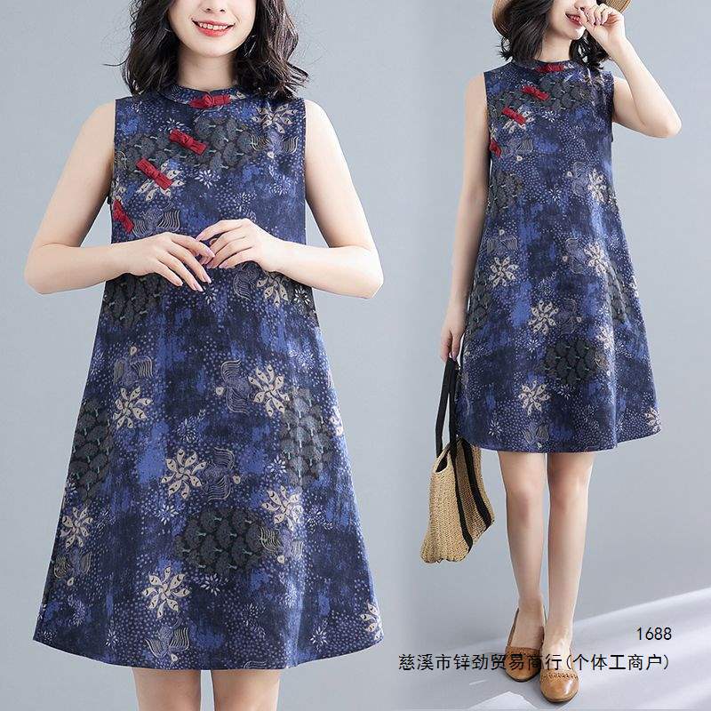 New Chinese-style cotton slim-fit mid-length dress with ethnic print, loose stand-up collar, summer fashion dress, Southeast Asia