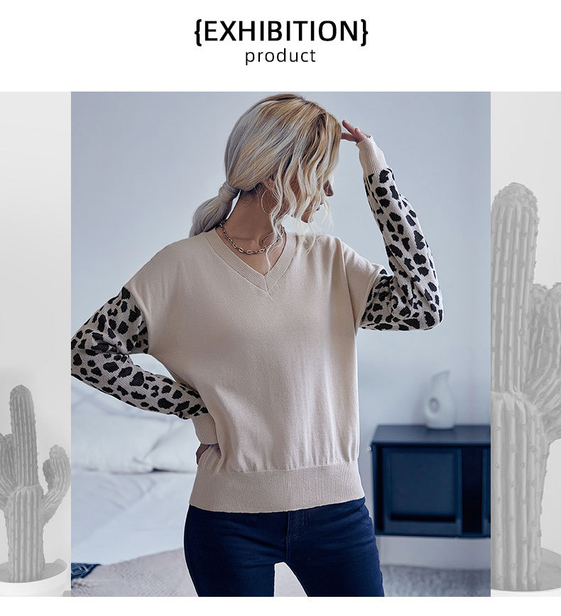 autumn leopard stitching long-sleeved V-neck sweater nihaostyles wholesale clothing NSDMB93858