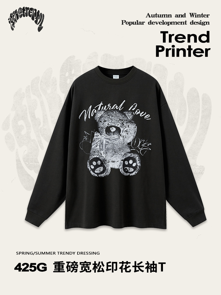 2025 otoño marca de moda americana delgada neutra impresión de rayos X impresión de oso lavado camiseta de manga larga hombre
