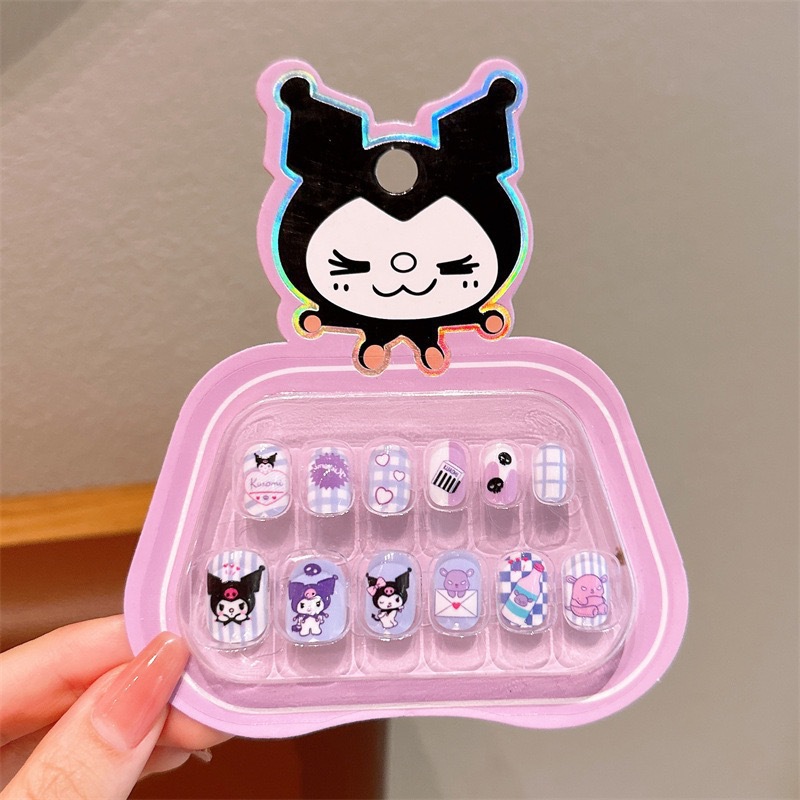 Uñas postizas Kuromi para niños en caja, lindas pegatinas de uñas removibles para niñas, pegatinas de uñas exquisitas de dibujos animados.