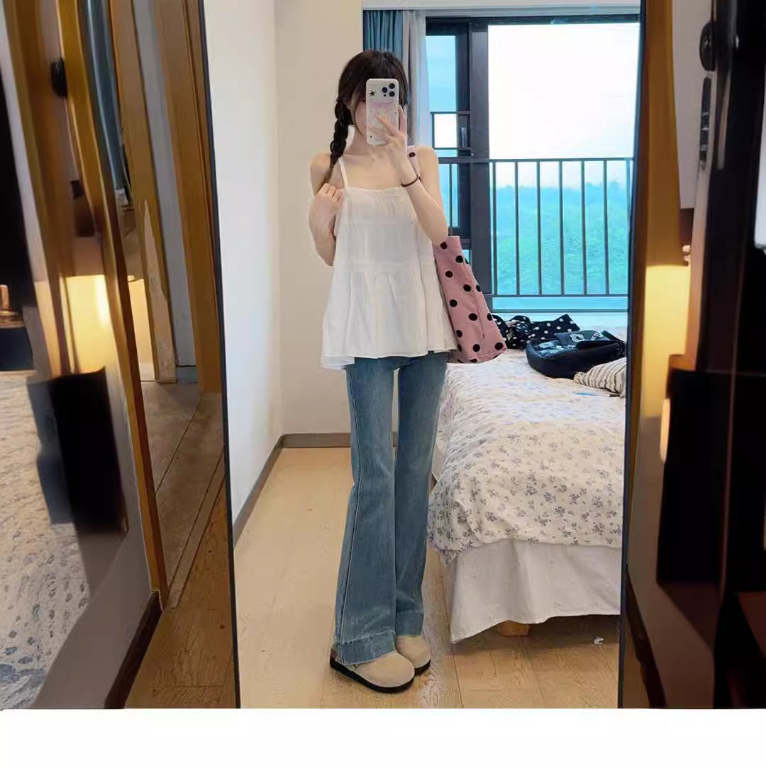 세탁 블루 높은 허리 캐주얼 바지 패션 올 매치 마이크로 핏 느슨한 청바지 스트레이트 레그 와이드 레그 팬츠 7050