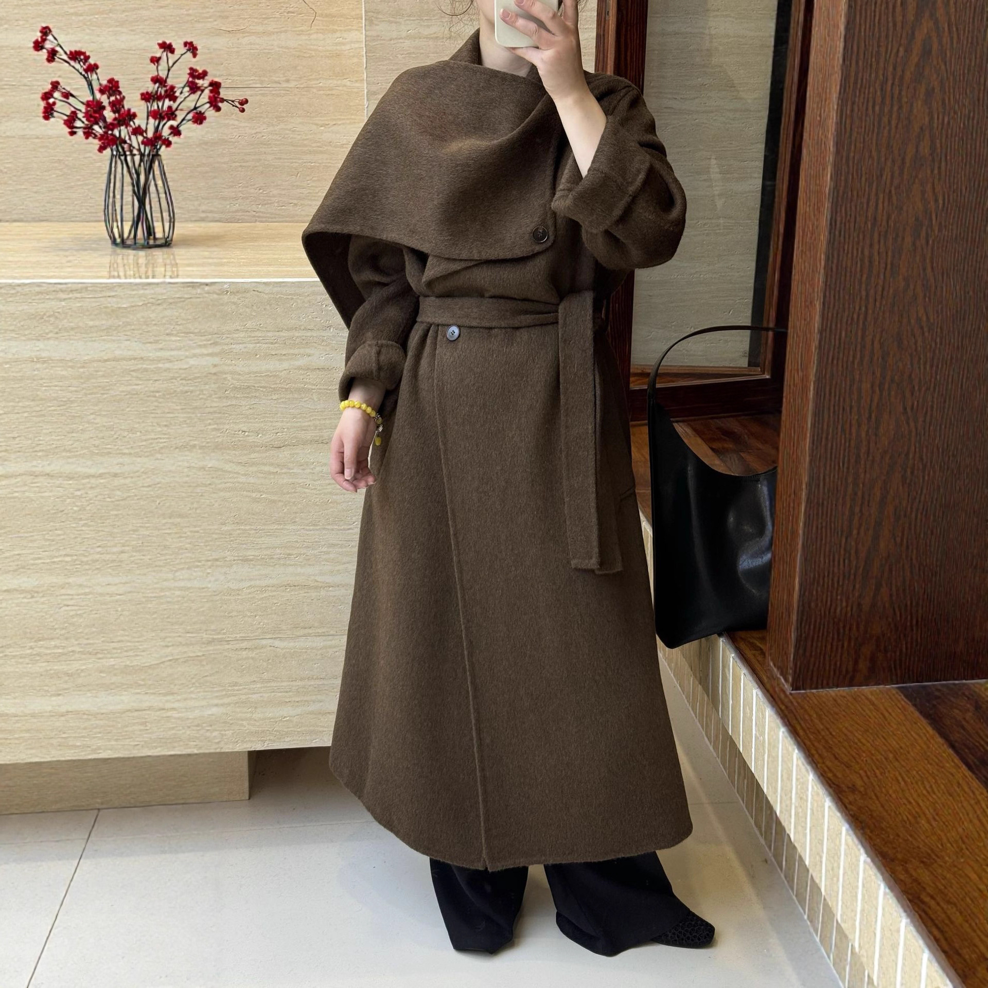 New High-End Solid Color Scarf with Stand Collar and Tie, Extra-Long Double-Sided Wool Coat for Women, Casual Thickened Jacket for Women