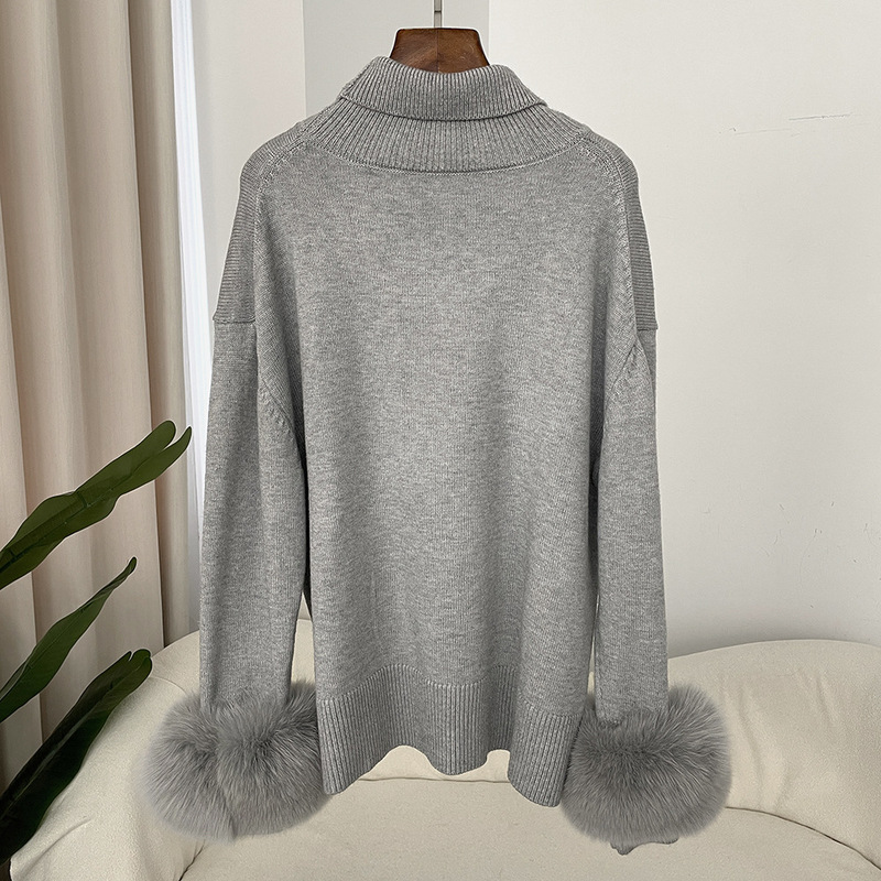 Amazon AliExpress Explosions Thickened Knitwear Autumn and Winter New Loose High Neck Real Fox Cuff Hair Sweater for Women Amazon AliExpress Explosions Thickened Knitwear Autumn and Winter New Loose High Neck Real Fox Cuff Hair Sweater for Women