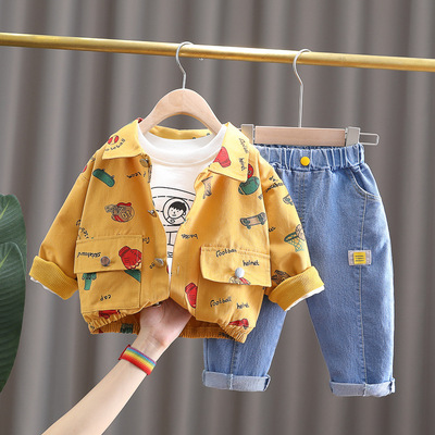 2021新款童装中小童韩版男童三件套扣子翻领开衫外套秋款男孩童装