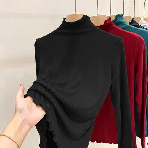 Mid-aged mom's ribbed half-high collar basic top women's innerwear autumn winter slimming mushroom edge long-sleeved T-shirt women's top