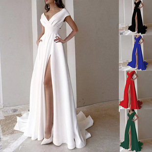 2025 Spring Cross-Border European and American Chest-Wrapped Ruffled Pure Color Slit Mid-Waist Pure Color Elegant Work Clothing Long Jumpsuit