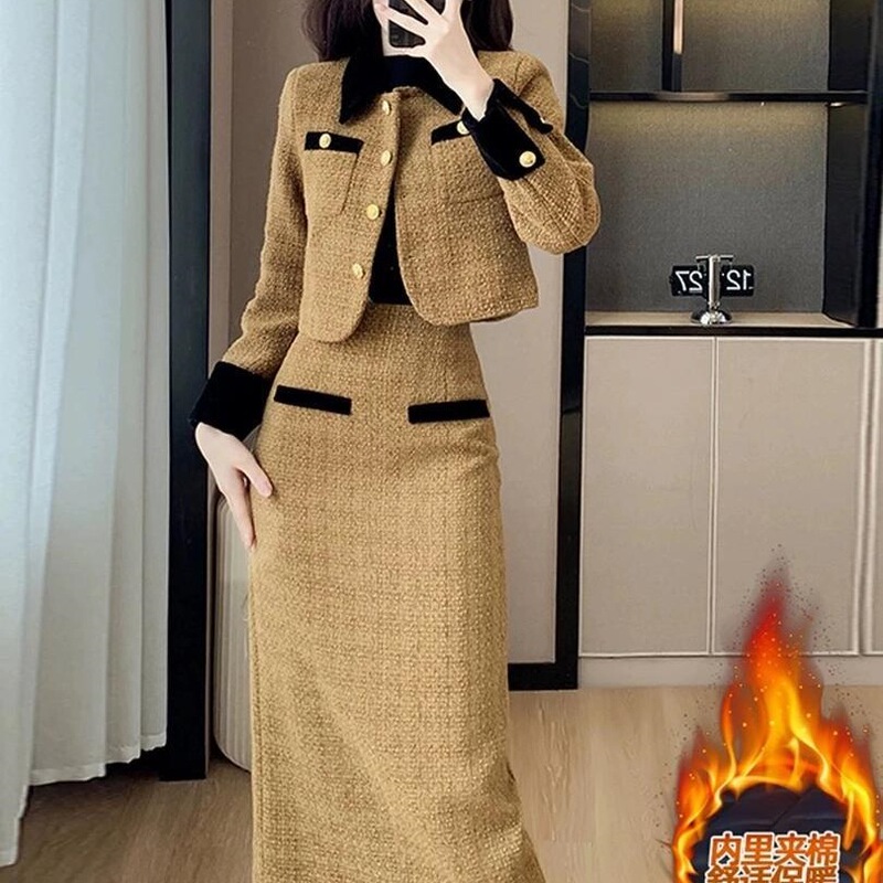黑色短款小香风外套两件套女装感秋冬新款洋气套装裙|undefined