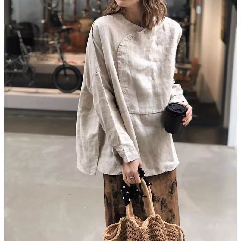 文艺亚麻不对称开叉衬衣新中式国风衬衫女装上衣长袖小衫禅修|undefined