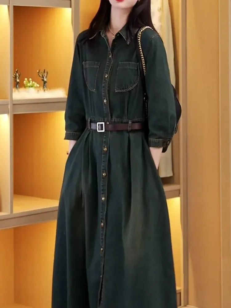 牛仔连长裙女2025春秋季新款收腰显瘦显高中长款时尚气质裙子