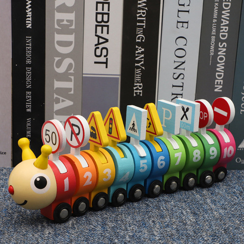 Wooden digital cognitive caterpillar train toy Velcro connection puzzle building block train street stall economy