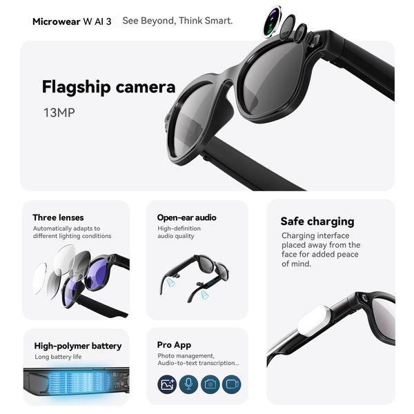 New W AI3 PRO W93 smart glasses 1300W pixels 16G video recording…