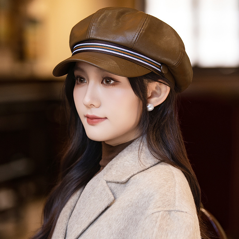 新款显脸小平顶鸭舌帽英伦风秋冬女士鸭舌帽八角帽女贝雷报童帽子|undefined