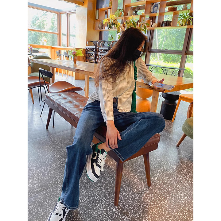 深藍高腰直筒褲子女2024早秋新款牛仔褲小個子窄版闊腿長褲顯瘦