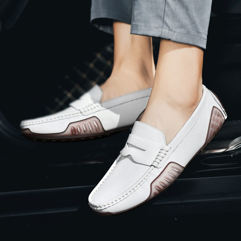 Giày lười nam da bò thật mũi tròn, đế bệt, kiểu giày hạt đậu thoáng khí — 7702 màu đen, 7702 nâu đậm, Màu cát 7702, Màu trắng 7702