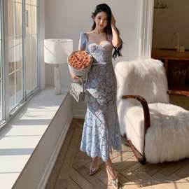 性感方领女人味蓝色睫毛蕾丝高腰修身鱼尾长款连衣裙子 新到白色